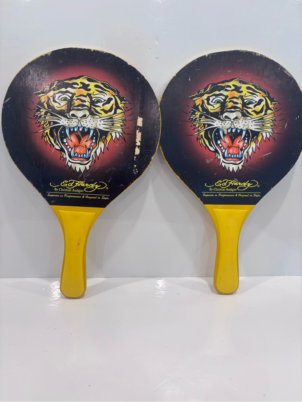 Ed Hardy Tiger Graphic Paddle Ball Set - Black & Yellow- vintage pair wooden